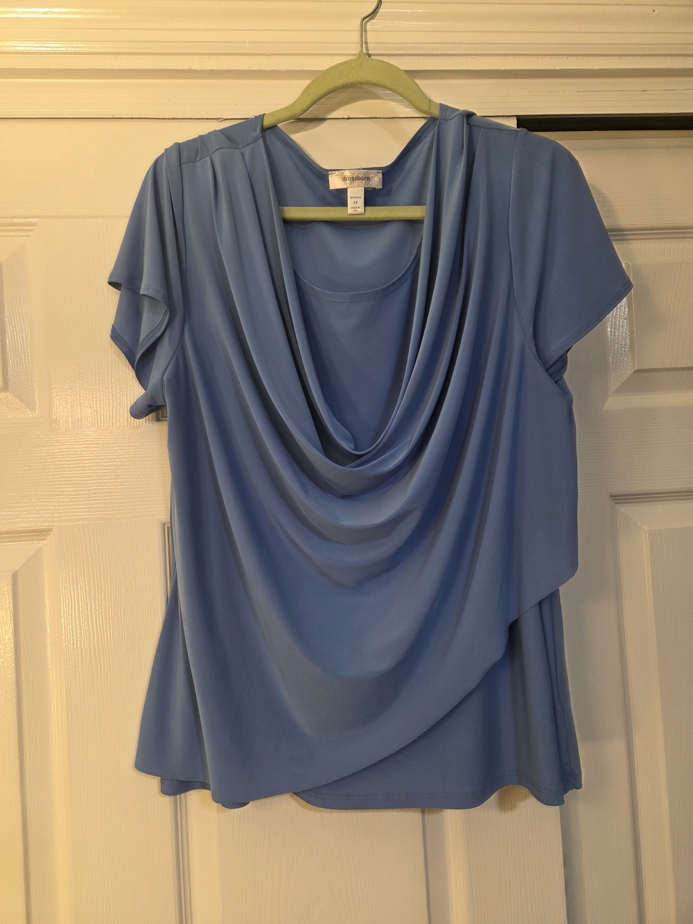 Dressbarn Plus Size 1X Blue Draped Cowl Neck Womens Short Sleeve Blouse